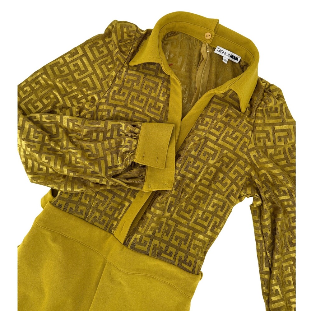 Fashion‎ Nova Mustard Yellow Geometric Mesh Wide Leg Jumpsuit Small Chartreus